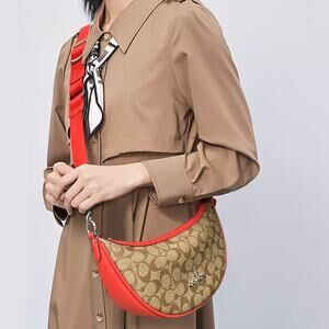 COACH ARIA SHOULDER BAG CR283 Khaki/Miami Red Signature Canvas & Leather New